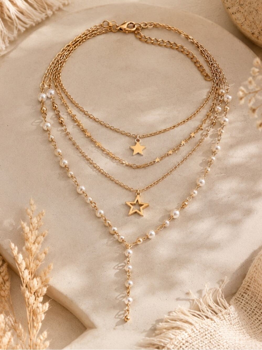 Layered Pearl & Star Y Necklace Set | Boho Gold Tone Statement Jewelry